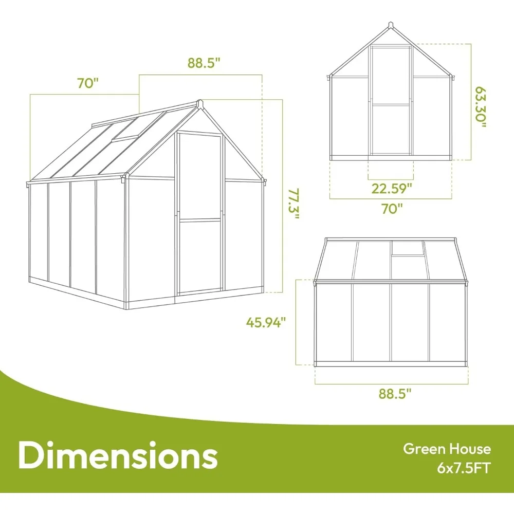 6x7.5 FT Greenhouse, Polycarbonate Greenhouse with Quick Setup Structure and Roof Vent, Aluminum Large Walk-in Greenhouse