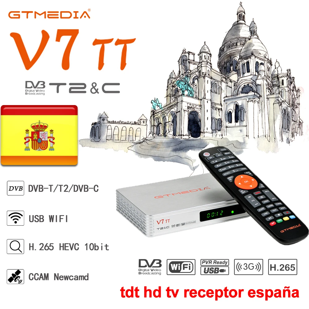 

GTMEDIA V7 TT DVB-T/T2/DVB-C/J.83B Terrestrial Satellite Receiver, H.265 HEVC 10bit USB PVR Ready ccam Spain TDT HD TV receiver