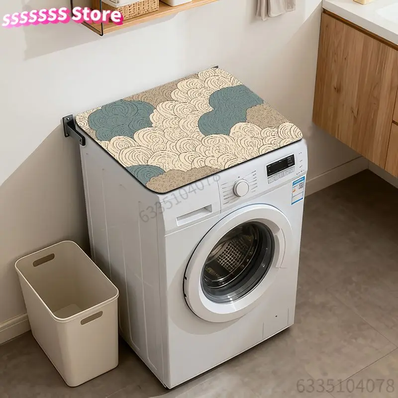 Teal And Beige Decorative Mat with a Swirling Cloud Pattern, Made of Polyester Fiber, Designed for Use Under Washers And Dryers.