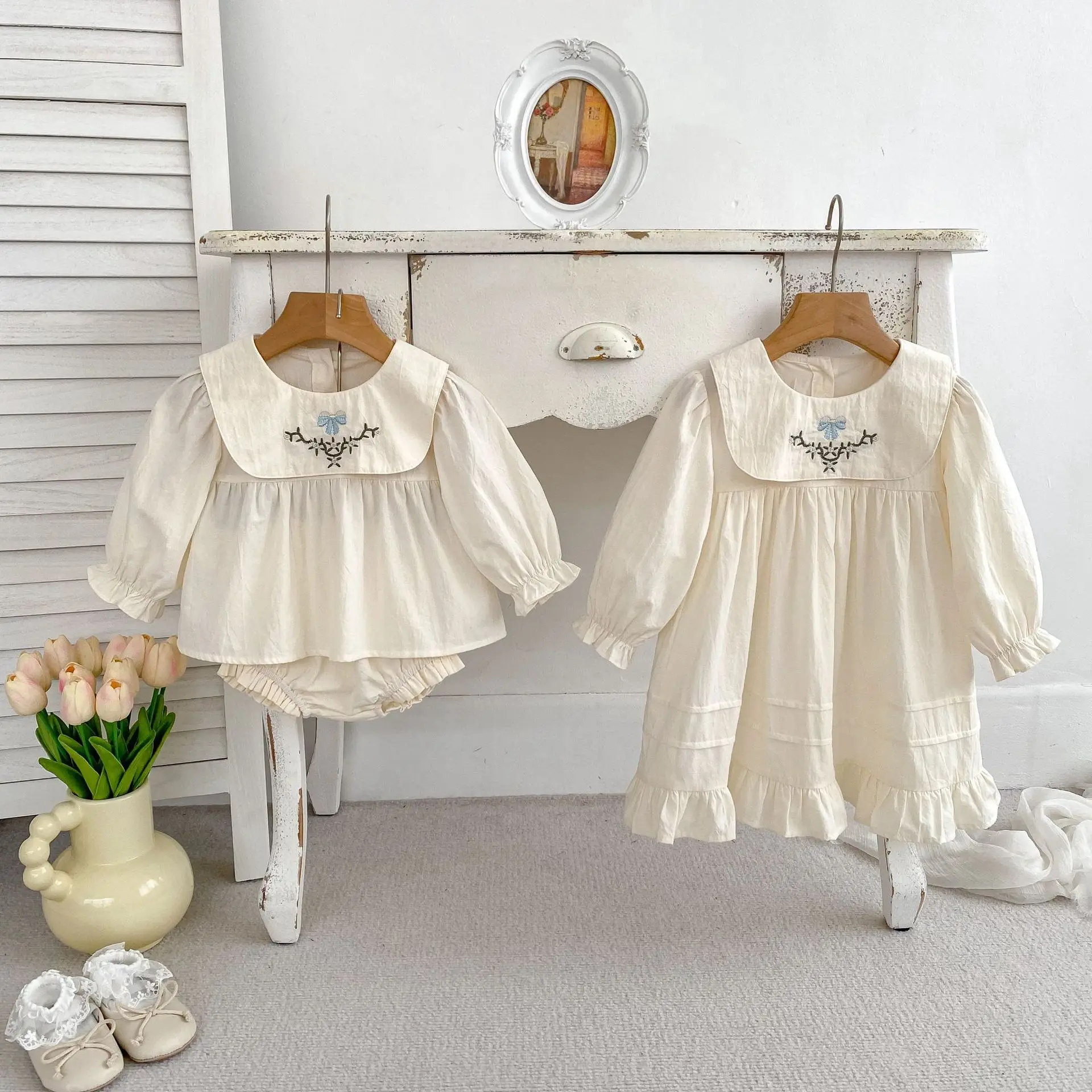 Sister Clothing Autumn Baby Girl Clothes Simple Embroidery Lapel Collar Shirt+Shorts 2Pcs Outfit Sets Or Girls Puff Sleeve Dress