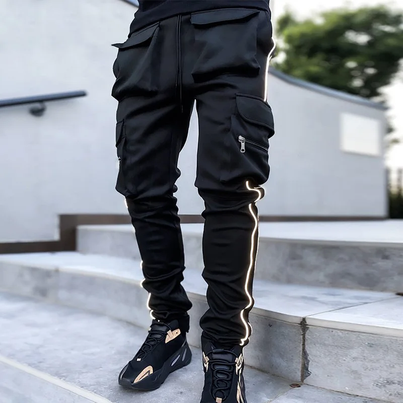 Gym Men‘s Multi-Pocket Straight Bottom Cargo Pants Ventilate Reflective Stripe Sports Fitness Men Casual Trousers Track Pants