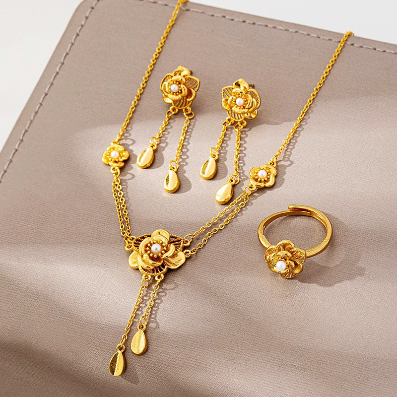 Nexil Jewelry   Women 24K Gold AU999 Hollow Flower Tassel Necklace Earring Ring Elegant Set - Pure gold, detachable, ideal for g