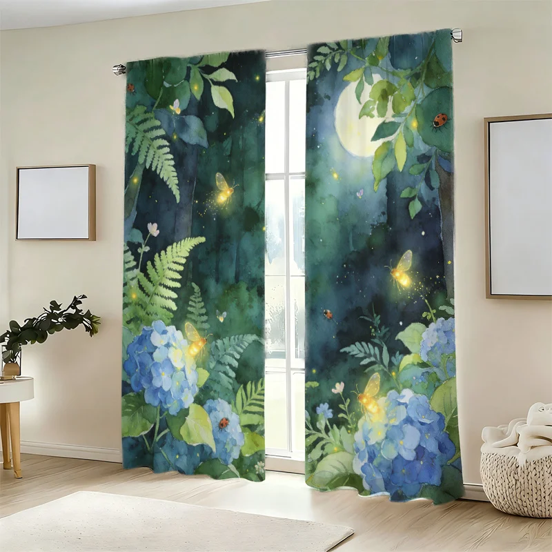 2pcs Moonlight Firefly Hydrangea Curtains Forest Night Print Blackout Drape Living Room Bedroom Window Treatment