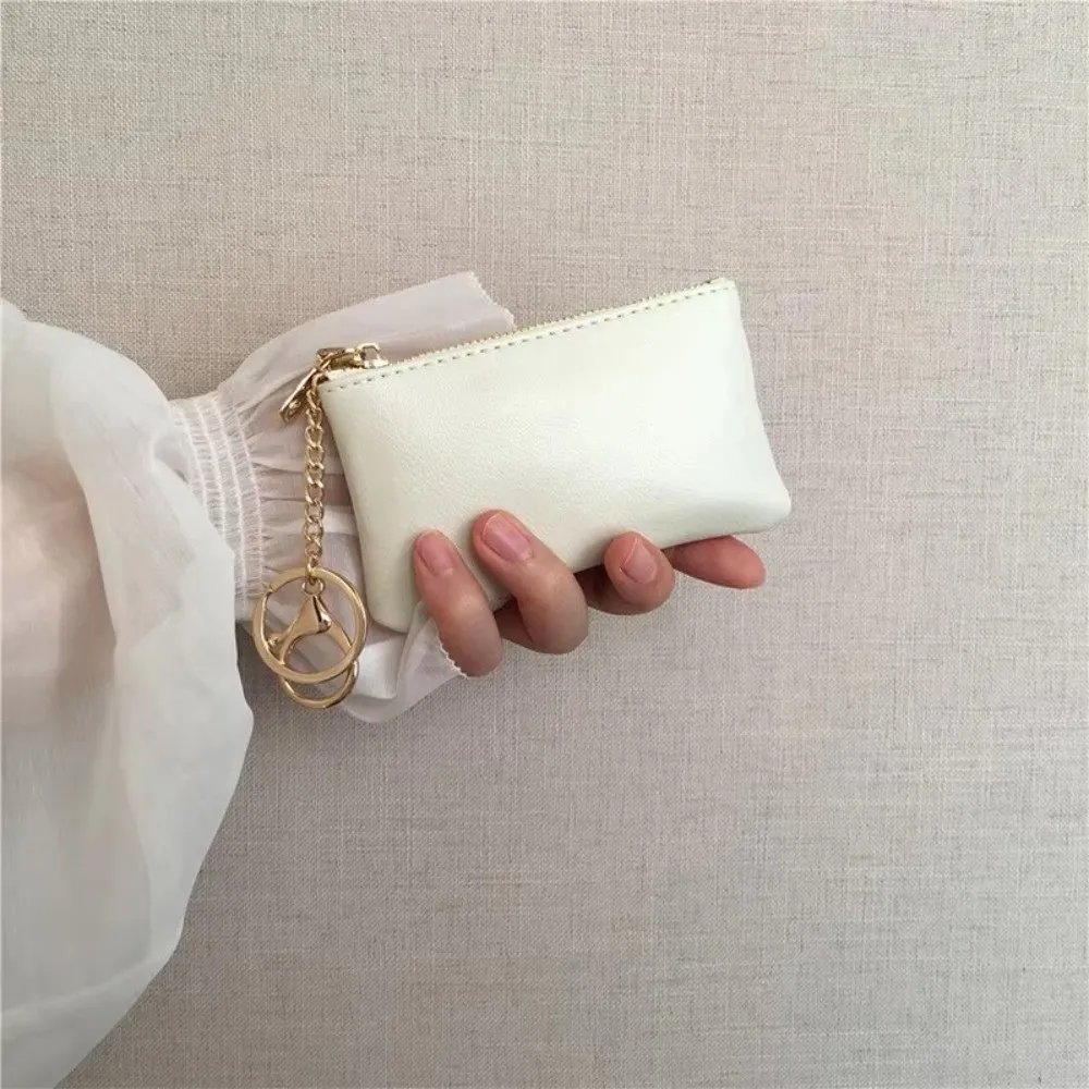 Fashion PU Leather Mini Coin Purse with Metal Chain Keyring Solid Color Card Wallet Thin Card Case