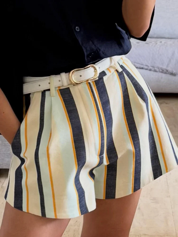 Single button High Waist Striped Women's Shorts Holiday Zipper Pockets A-line Short Pants 2026 Summer Lady Streetwear Outwear