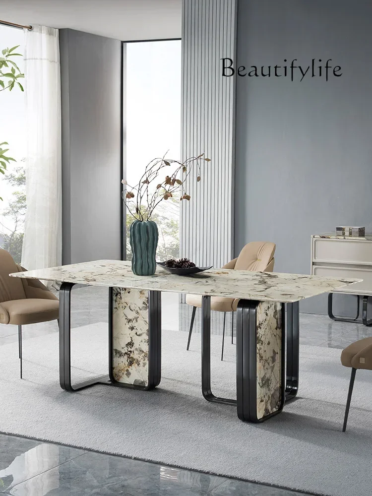 Italian minimalist natural marble long dining table modern high-end luxury stone villa home dining table new