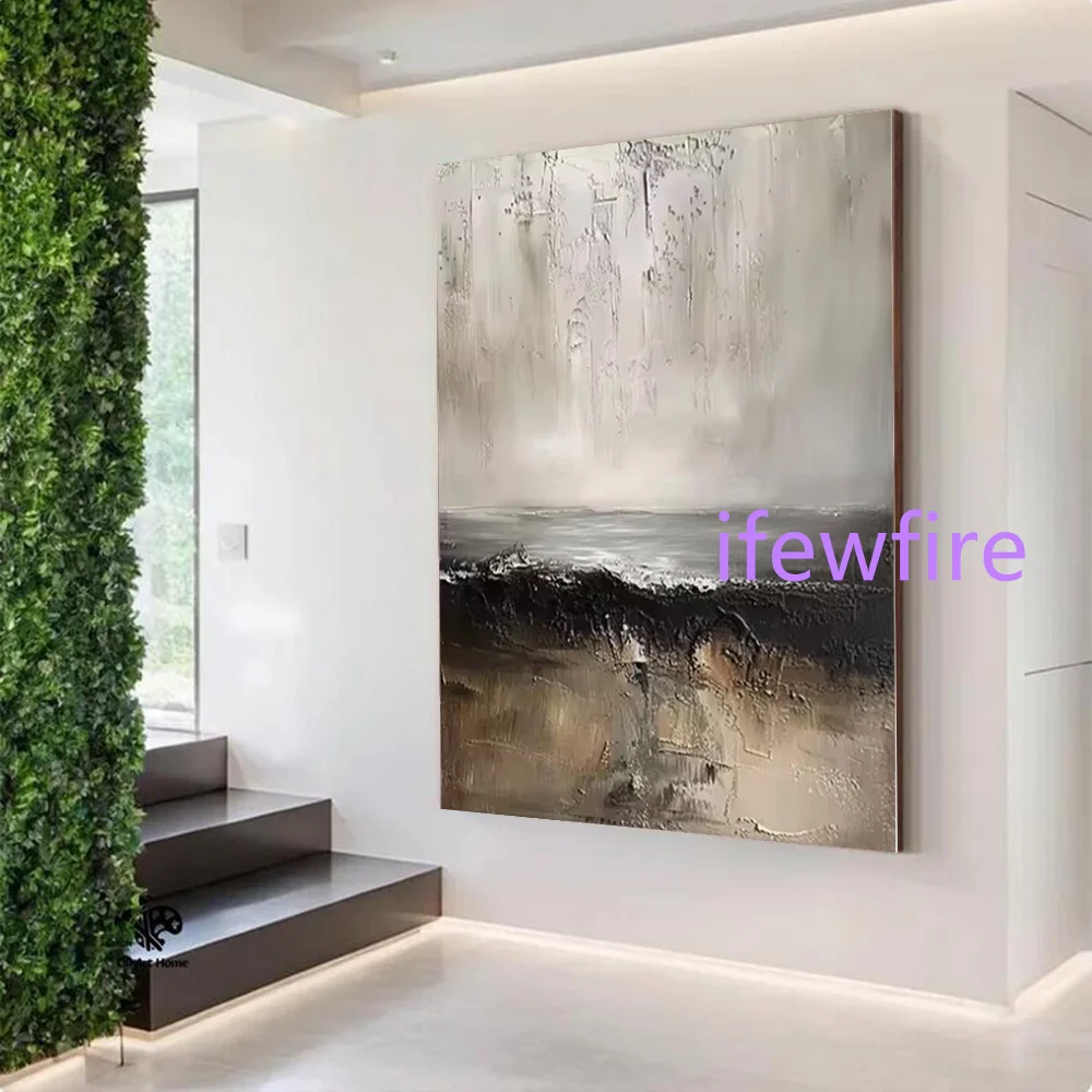 Modern Thick Lay Handmade Abstract Oil Painting - Deep Gray Gradient Texture Canvas Wall Art Picture for Living Room Decor Image
