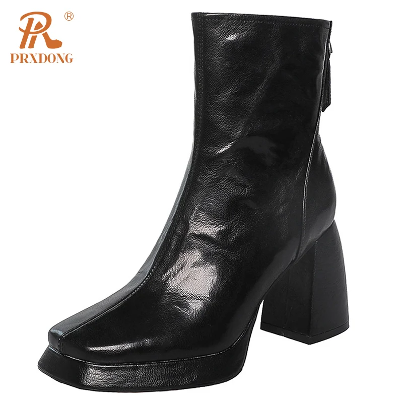 PRXDONG Top 2024 New Classics Genuine Leather Autumn Winter Warm Ankle Boots Chunky High Heels Platform Black Dress Party Lady