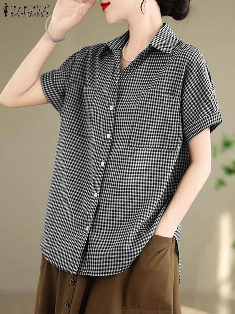 ZANZEA Women Vintage Gingham Shirts 2024 Summer Casual Loose Short Sleeve Turn-down Collar Blouses Fashion Rounded Hem Camisas