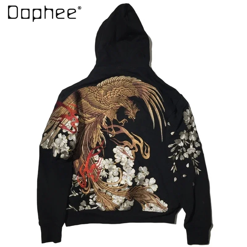 

Rosefinch Embroidered Hoodie Men and Women Sakura Heavy Industry Long Sleeve Zipper Sweatshirts Cardigan Streetwear Clothes