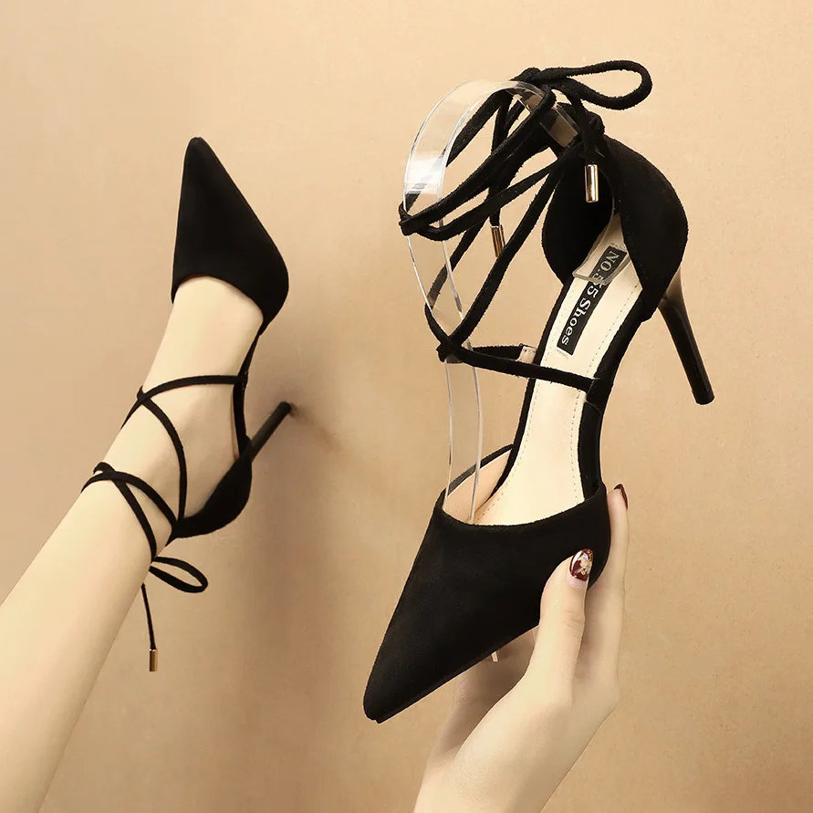 Fashion Women\'s Shoes Sandals Female Summer High Heels Pointed Stiletto Sexy Nightclub Ankle Strap Black Red Wedding Shoes