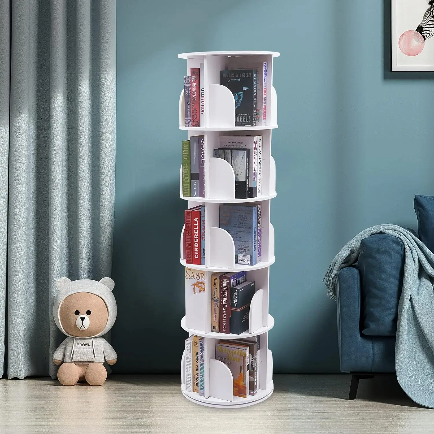 5 Tier Rotating Bookshelf 360 Display Revolving Rack Floor Standing Stackable Organizer Corner Shelf Small Space, Customized