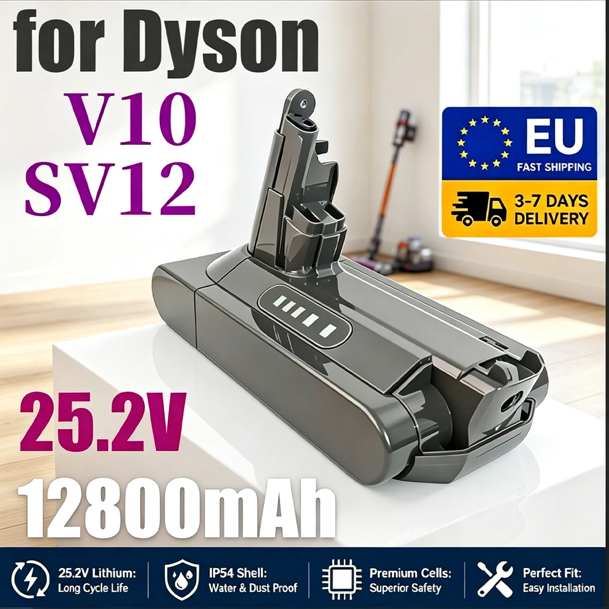 Batteria di ricambio da 25,2 V e 12.800 mAh, compatibile con gli aspirapolvere senza fili Dyson V10 SV12, V10 Absolute e V10 Animal; elevata capacità, lunga durata.