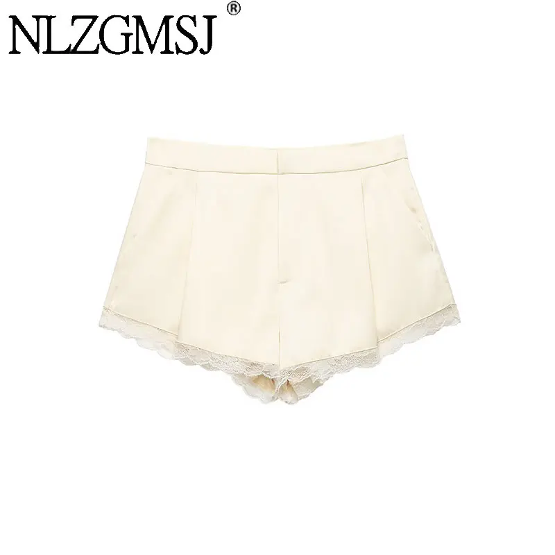 NLZGMSJ 2026 Primavera Verano Shorts Elegantes de Encaje con Parches para Mujer, Shorts Sólidos con Bolsillos con Cremallera, Shorts de Moda para Mujer