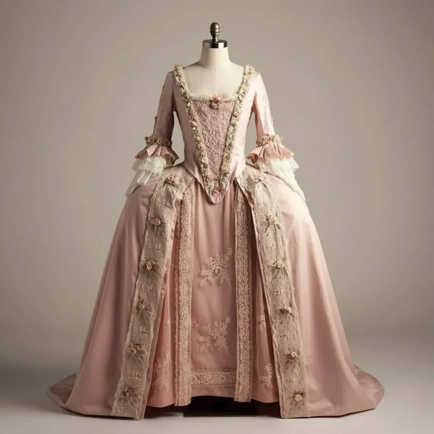 Vestidos de fiesta rococó rosa histórico de los años 1770, apliques de encaje, vestido de baile rococó Floral, traje de Reina Francesa María Antonieta