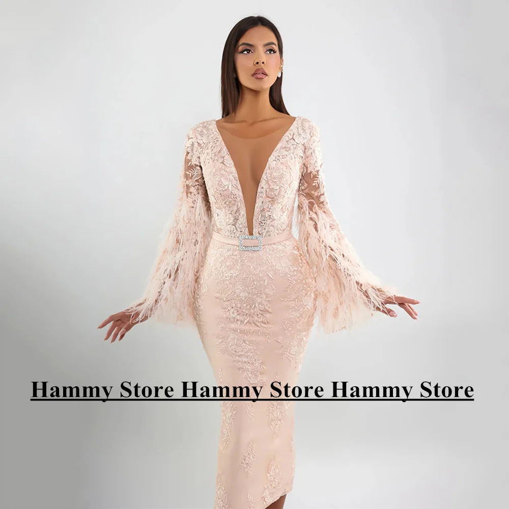 Champagne Lace Evening Dress Feathers Customized Short Prom Gown V Nek Long Sleeve See-through Tea Length Cocktail Party Dresses