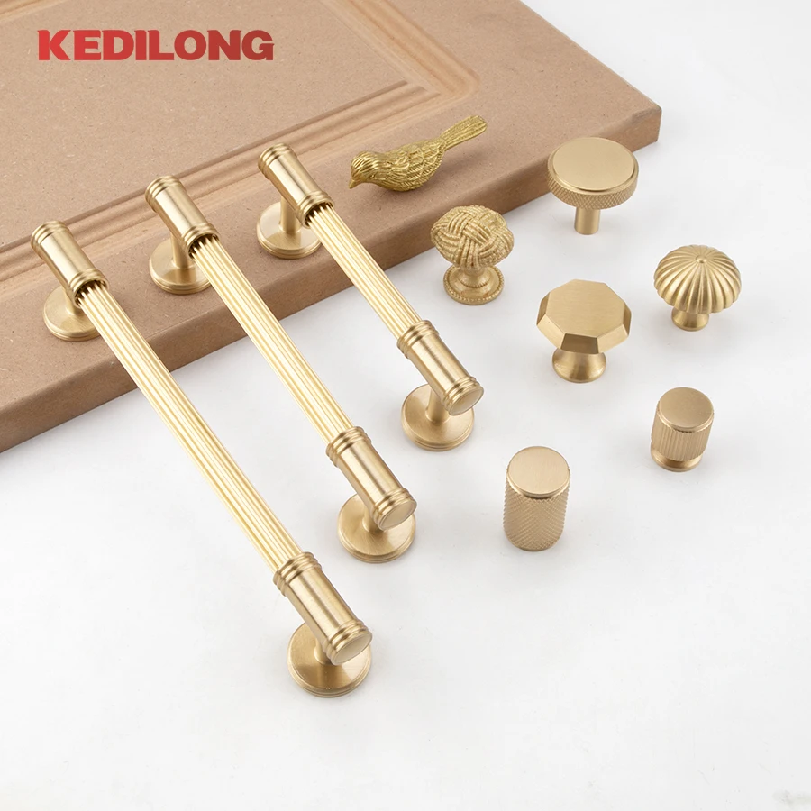 KEDLO French modern light luxury solid brass gold stripe long handle kitchen cabinet Pull handle drawer T handle