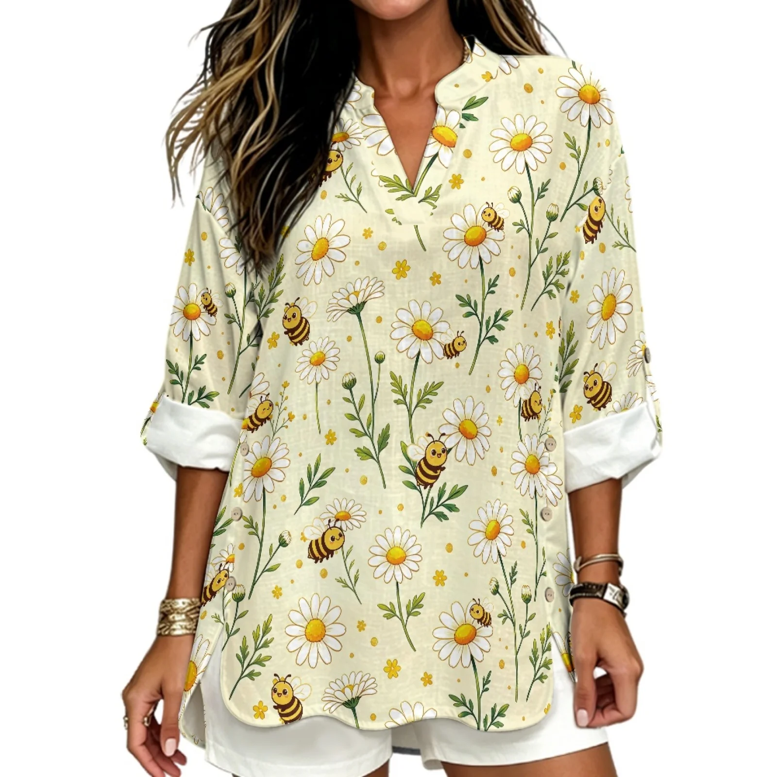 PENSTROLL Bee Theme Linen Like Women's Long Sleeve Shirt Long Sleeve Tops for Womens Loose Women's V Neck Tops
