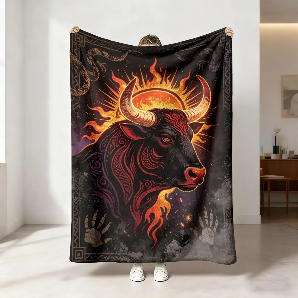 Dark Flame Bull Pattern Flannel Blanket Multi Sizes Soft Casual Sofa Cover Lightweight Nap Blanket For Office Break Daily Ind
