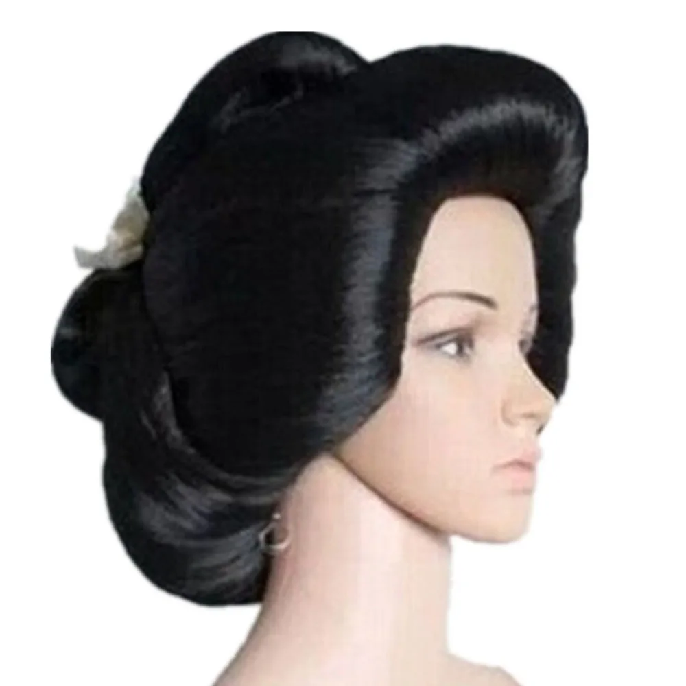 Geisha cabelo sintético Cosplay peruca, preto, japonês, linho, diária