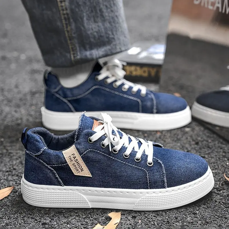  Men Denim Canvas Sneakers Fashion Casual Lace-up Skate Shoes Breathable Platform Board Shoes Comfortable Outdoor Walking Shoes