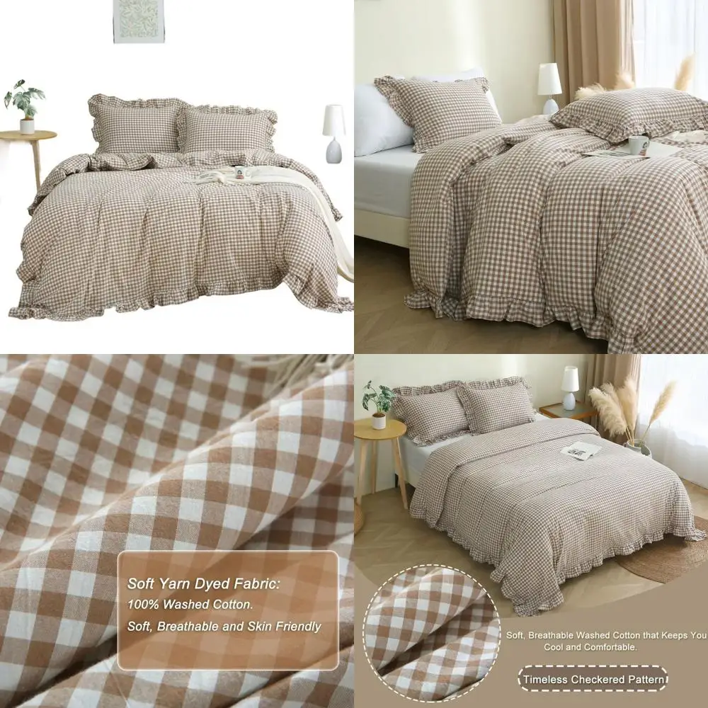 

Taupe/White Plaid Ruffle Duvet Cover Queen Size,100% Washed Cotton 3 Pcs Vintage Checkered Chic Gingham Bedding Set Comforter Co