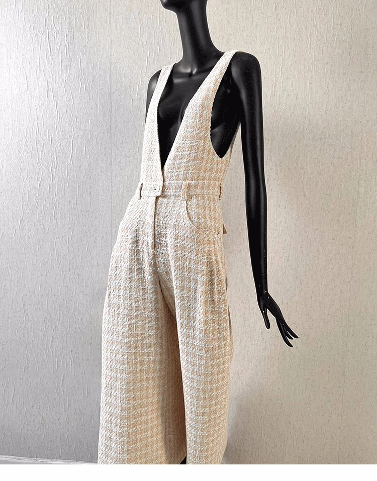 2023 Spring Autumn Chic Women's High Quality Elegant Plaid Wide-leg Jumpsuits F060