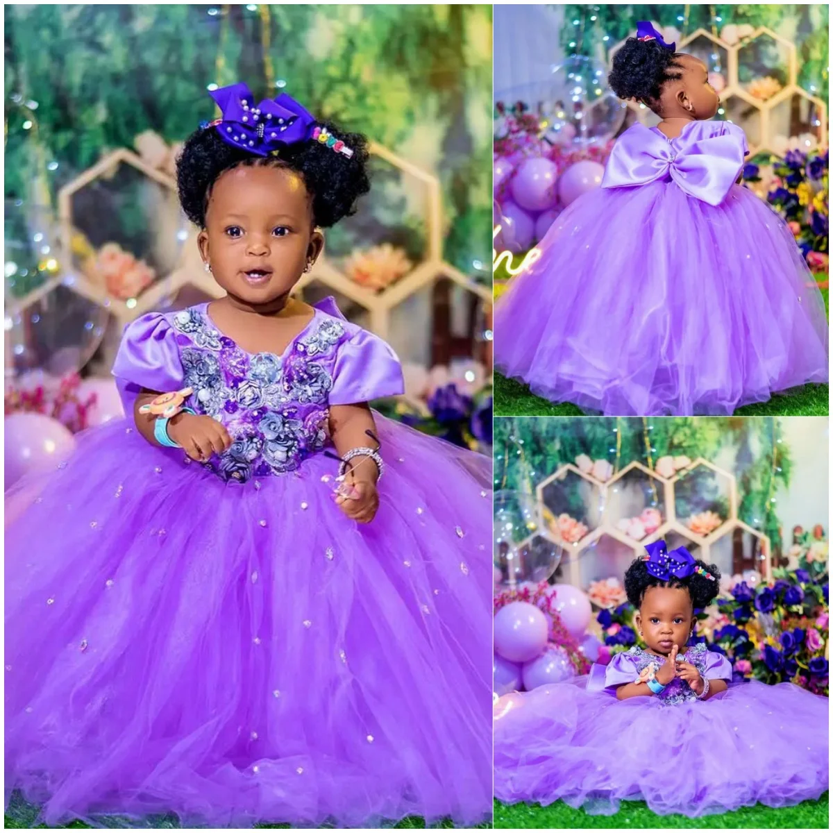 Purple Flower Girl Dress For Wedding Crystal Floral Floor Length Girl Kids Birthday Party Priness First Holy Communion Gown