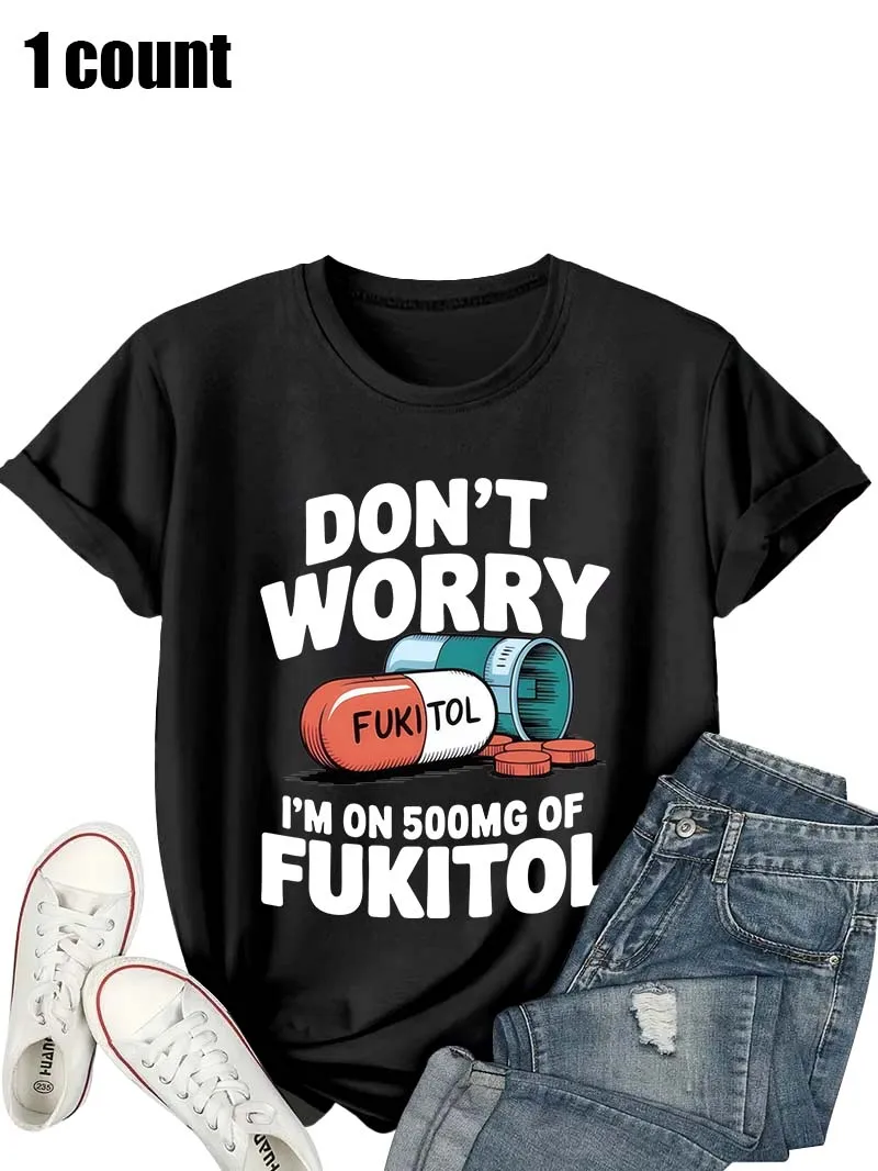 Camiseta de manga corta blanca de talla grande para mujer, camiseta informal divertida con estampado gráfico de pastillas "DON'T WORRY", divertida y relajada