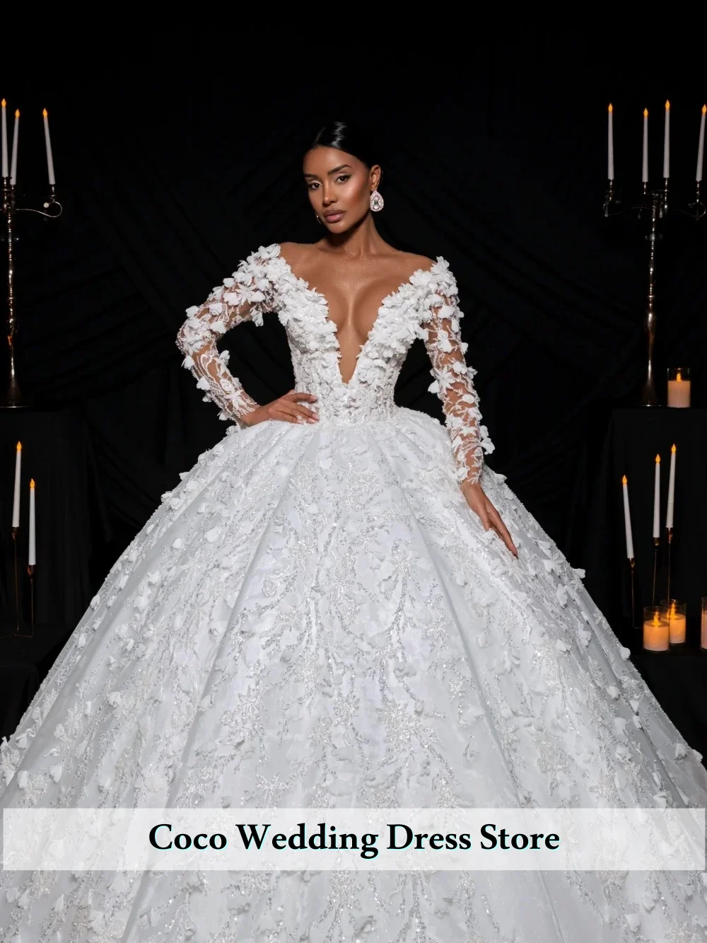Customized  Exquisite Beaded Lace 3D Flower Princess Wedding Dress Deep V-neck Bridal Gown For Bride Vestidos De Novia