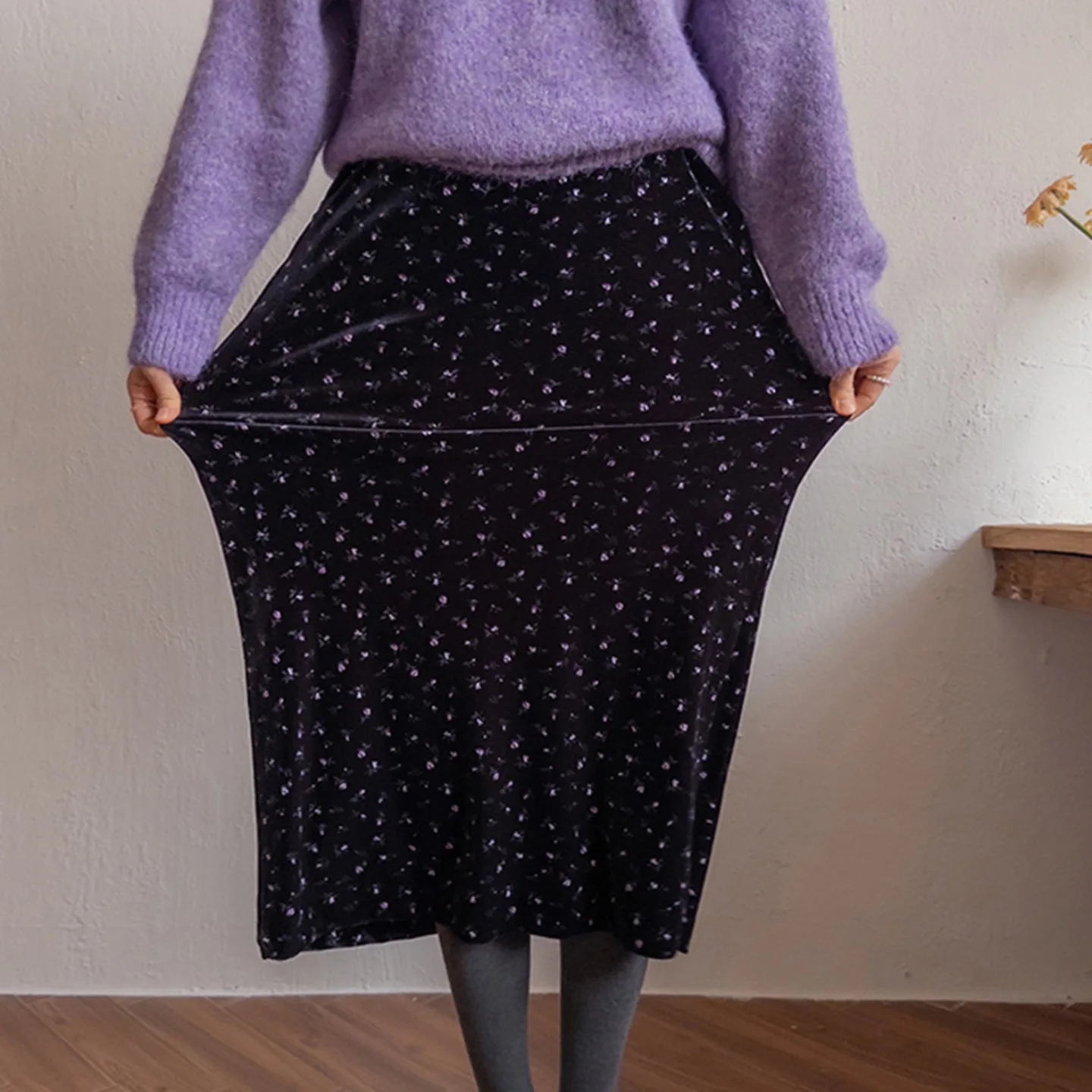 Ele romantique velours broderie florale taille élastique jupe femmes Ciwalk taille haute a-ligne jupe en Fiber de Polyester