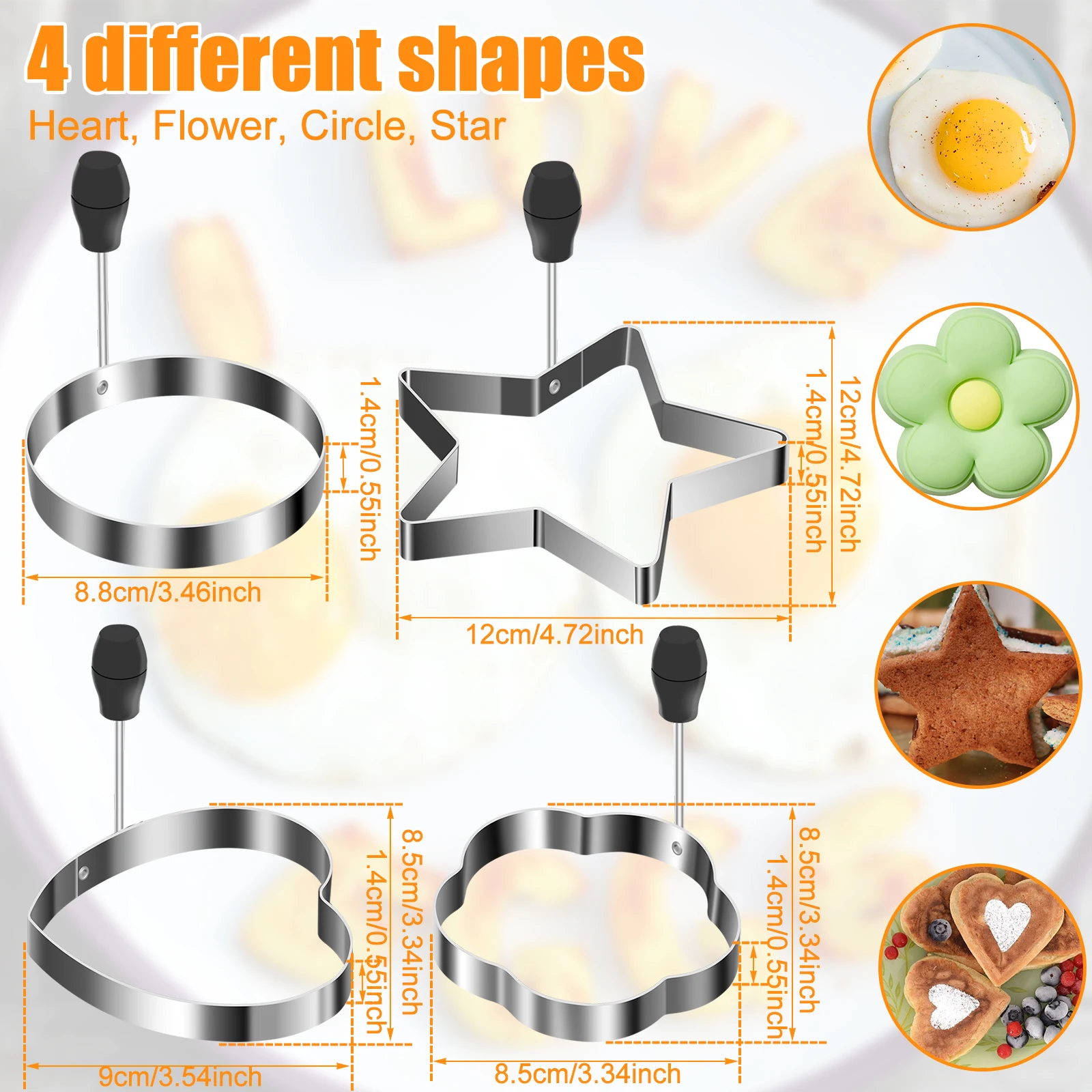 8pcs/2set Heat Resistant Rustproof Egg Shaper Mold 8Pcs Egg Ring Mold 304 Stainless Steel 4 Shape Egg Rings Lightweight Egg Mold