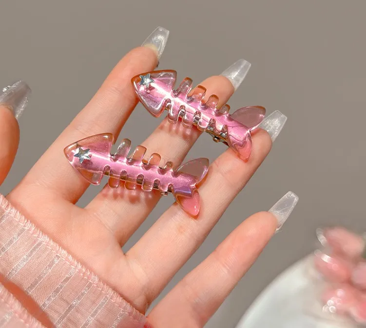 2PCS المياه الماس نجمة الأسماك العظام مشبك شعر فتاة قوية بطة الفم كليب لطيف مشبك شعر أغطية الرأس