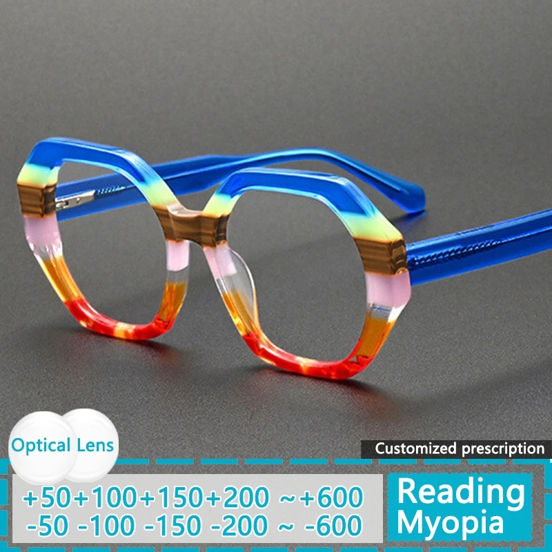 Lunettes de vue personnalisées pour hommes, monture en acétate, rayures colorées, lunettes anti-lumière bleue, lunettes de lecture pour femmes, tendance