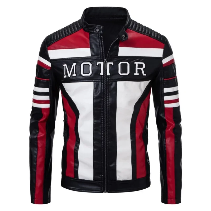 

Men's Motorcycle Leather Jacket Motorcycle Clothing Racing Clothing, Stand Collar Men's Leather Jacket Patchwork embroidery.