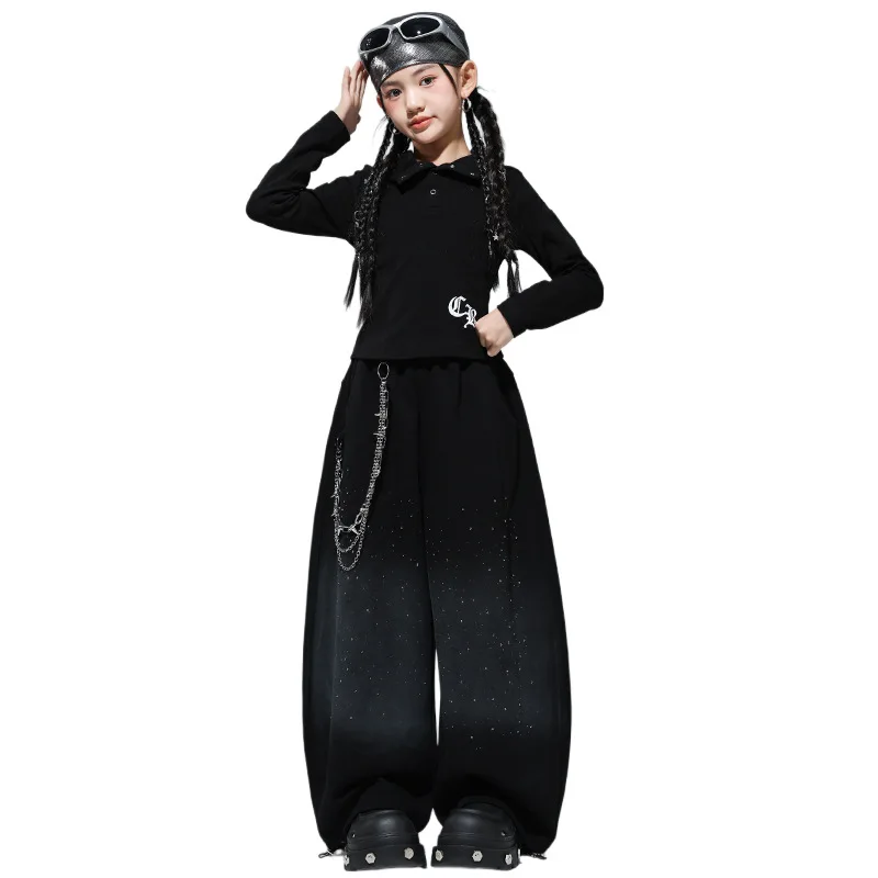 Ropa de Hip Hop Kpop para chico, camiseta corta con capucha negra, pantalones de pierna ancha con lentejuelas informales para niñas, trajes de baile callejero, ropa