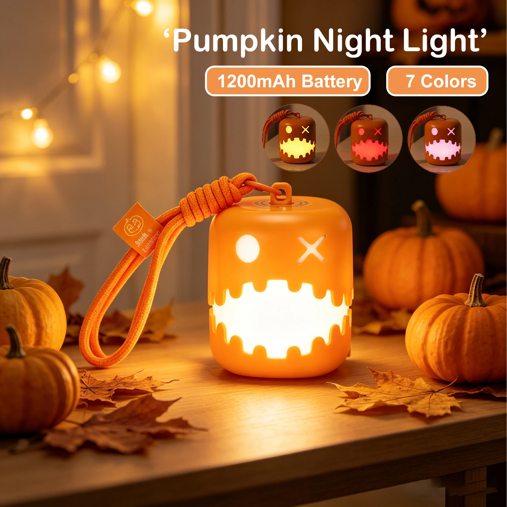 Halloween Jack-O-Lantern Pull String LED Night Light 7-Color & Warm White Rechargeable Decorative Lamp for Bedroom Camping