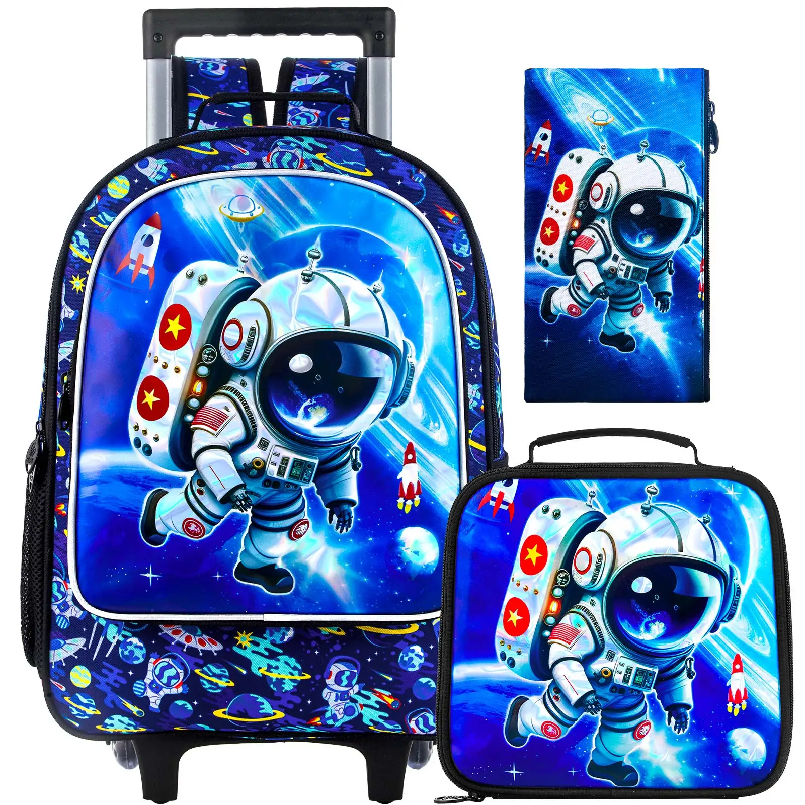 

3PCS Astronaut Rolling Backpack for Boys, Kids School Backpacks with Wheels, Water Resistant UV Printed Roller Wheeled Bookbag S