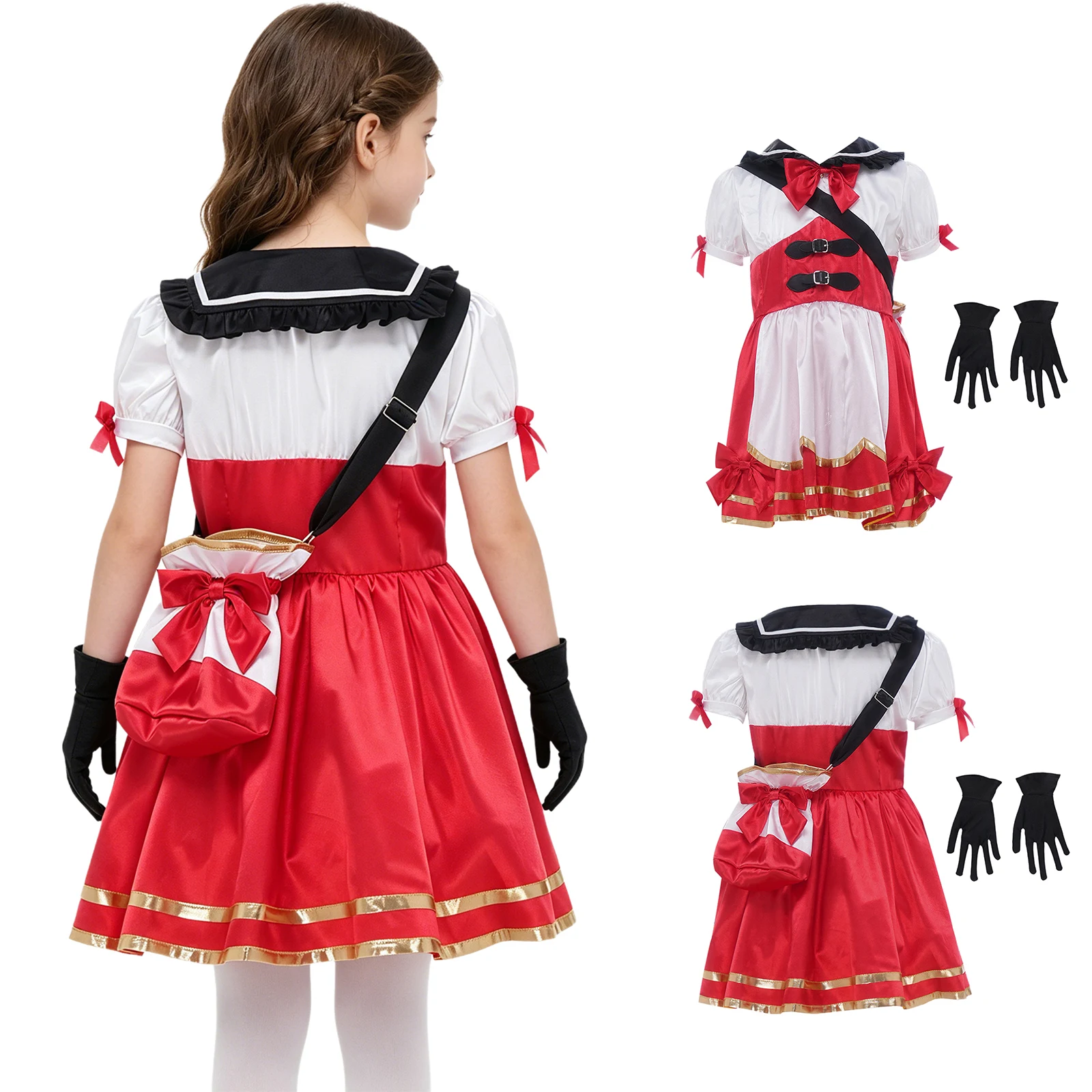 

Kids Girls Role Play Costume Bow Short Sleeve A Line Dress with Bag Gloves for Game Character Halloween Masquerade Carnival
