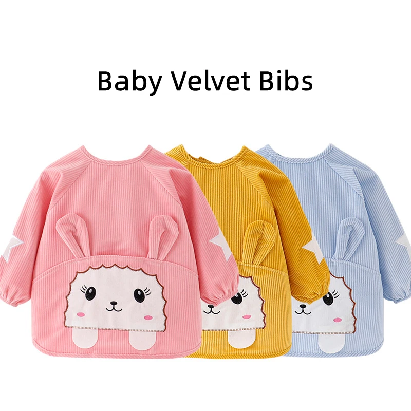 Baby Velvet Bibs Children Eating Infant Antifouling Cute Cartoon Drawing Bib Long Sleeve Pocket Apron Self Feeding Baby Clothes