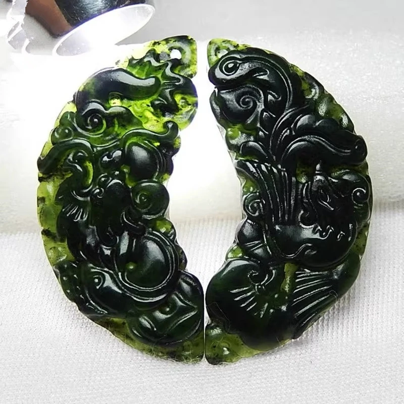 

Natural dark green jade dragon and phoenix auspicious pendant, couple pendant, energy stone pendant, a gift for family