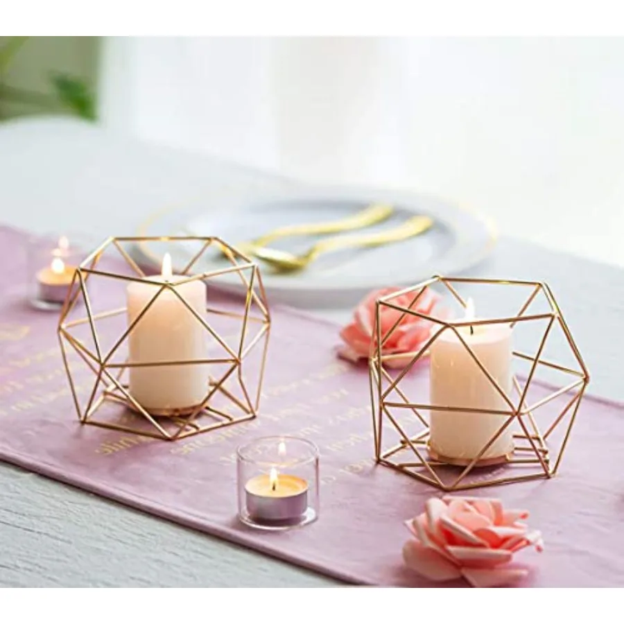 Geometric Tealight Candle Holders Gold, Modern Metal Geo Wedding Centerpieces for Table, Votive Candle Stand Accent for Tea Lig view 3