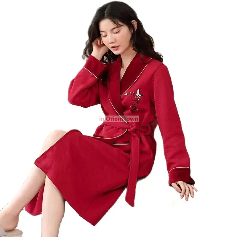 Chinese Style Red Nightwear Home Dress Kimono style Wedding Bath Gowns cotton Solid Sleepwear Robes Pajamas