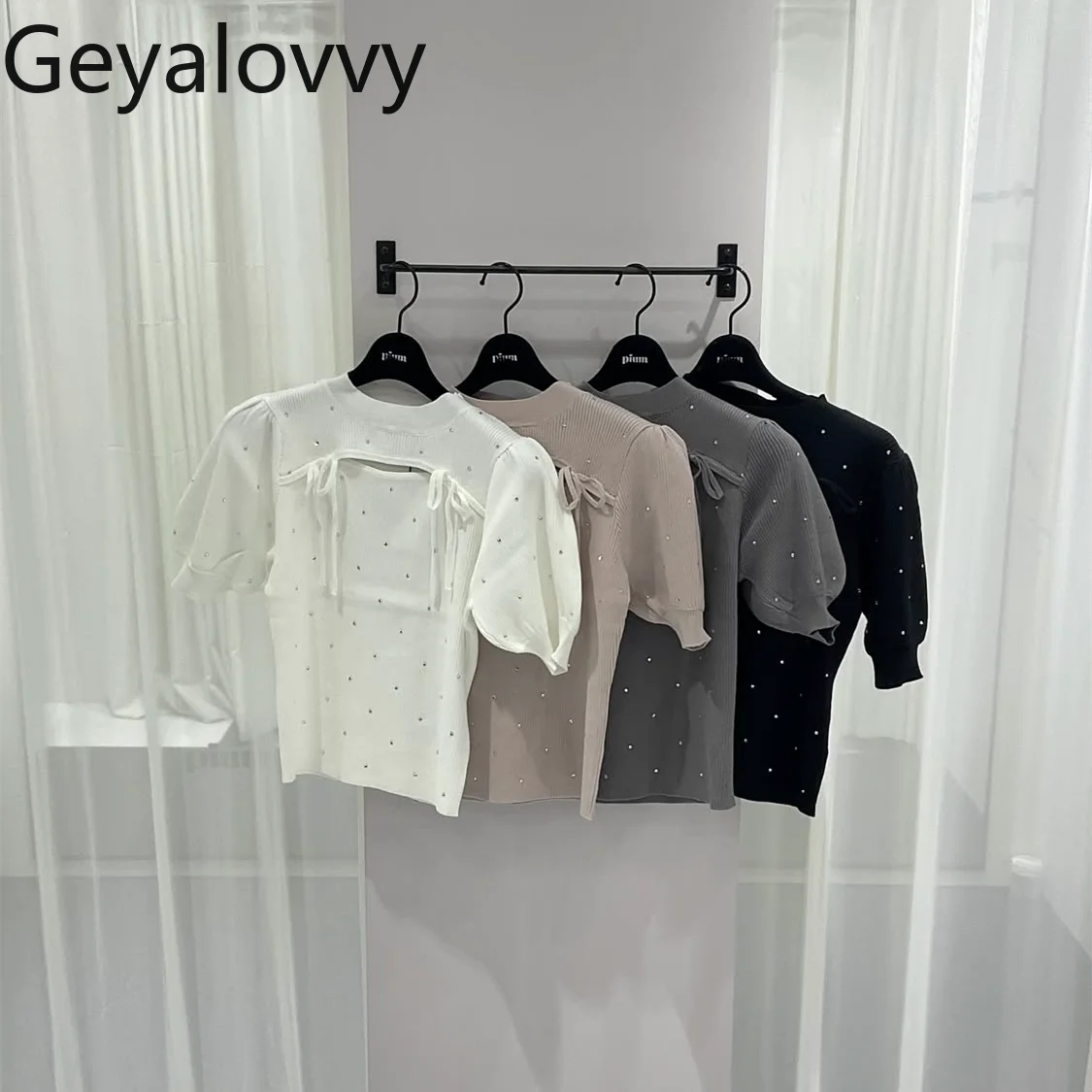 T-shirt a maniche corte con colletto cavo con lacci patchwork in due pezzi falso originale in stile giapponese Top corto in maglia a costine con diamanti