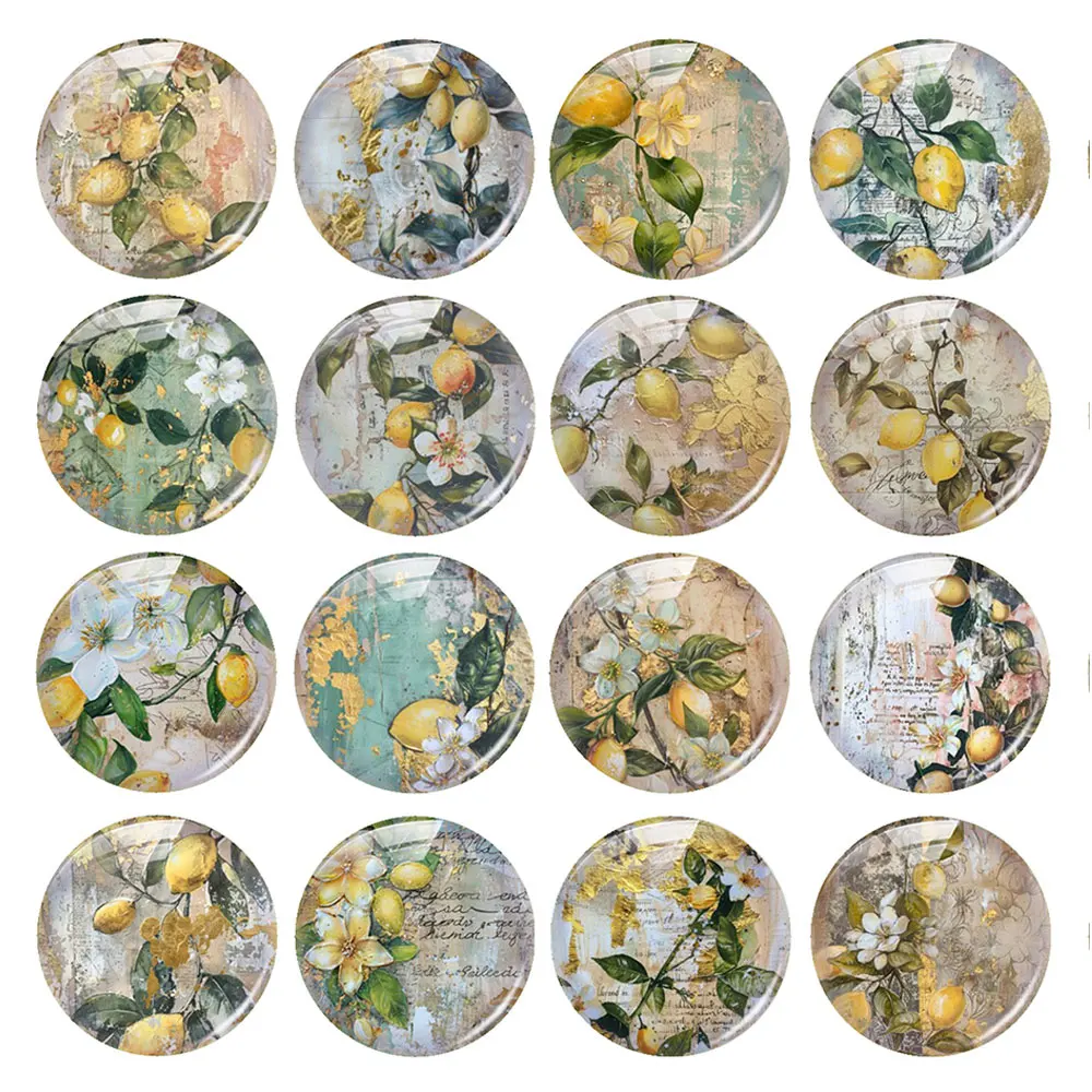 Random Mixed Round/Oval/Square Vintage Gilded Lemon Branch Photo Glass Cabochon Flatback Demo Cameo For Diy Jewelry Making