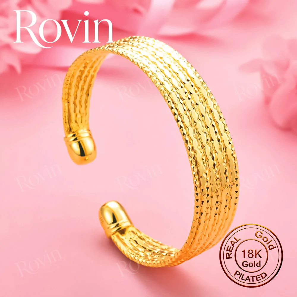 18K Gold Open Bangle with Exquisite Interwoven Diamond Pattern – Stylish Accessory for Women, Weddings, and Parties
