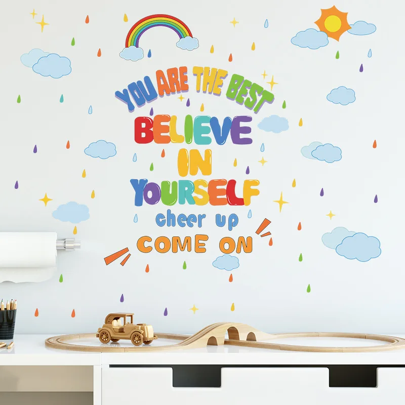 Cartoon Rainbow English Slogan Wall Sticker Kids Room Decoration Mural Children's Bedroom Nursery Decor Self-adhesive Wallpaper