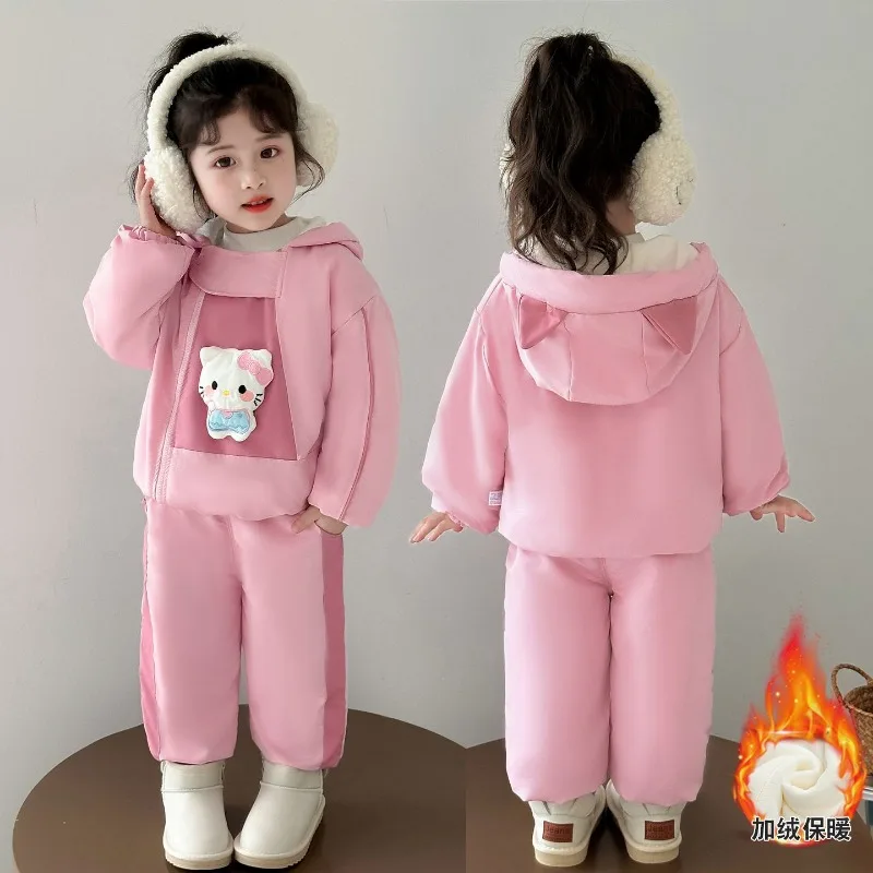 

Kawaii Hello Kitty Sanrio Children Cute Cartoon Warm Fleece Sportswear Student Comfortable Hoodie Trousers Gift for Kids