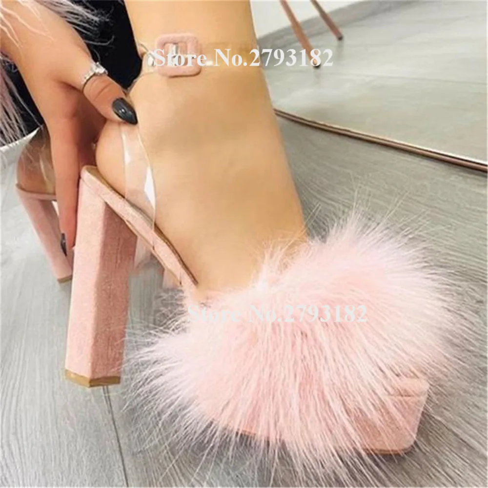

Women Charming High Platform Fur Chunky Heel Sandals Pink Suede Leather Thick High Heel Sandals Wedding Dress Shoes