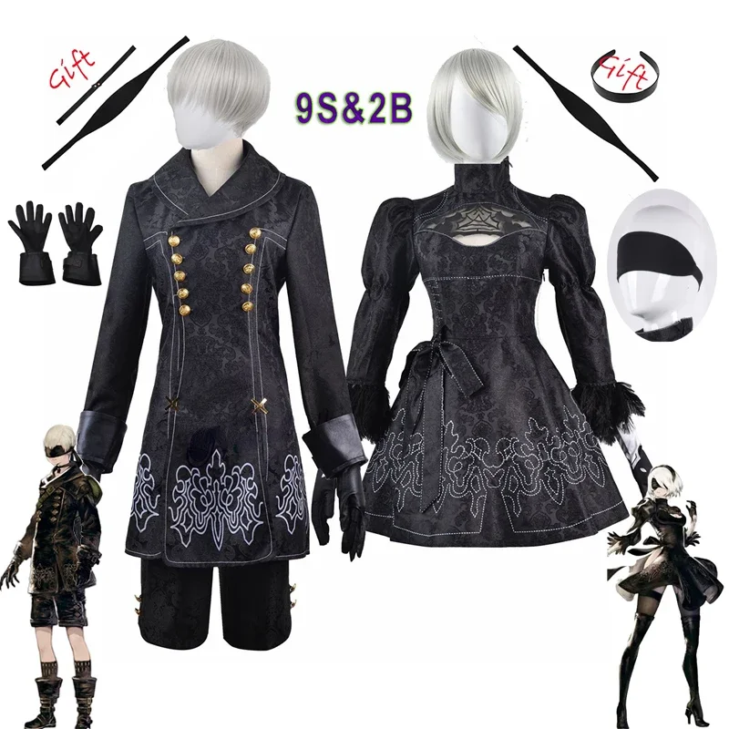 Anime Nier Automata Cosplay 9S Yorha 2B Cosplay Suit Male Women Outfit Wig Disguise Costume Plus Size Fancy Party Black Dress